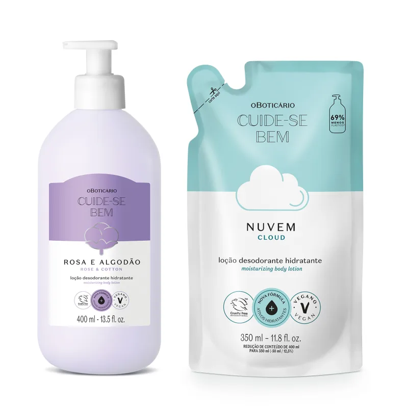 Imagem de duas embalagens de loção hidratante corporal da marca Cuide-se Bem: frasco branco com rótulo roxo e branco e flor de algodão ilustrada da linha Rosa e Algodão e um refil em sachê azul e branco com nuvem ilustrada da linha Nuvem.