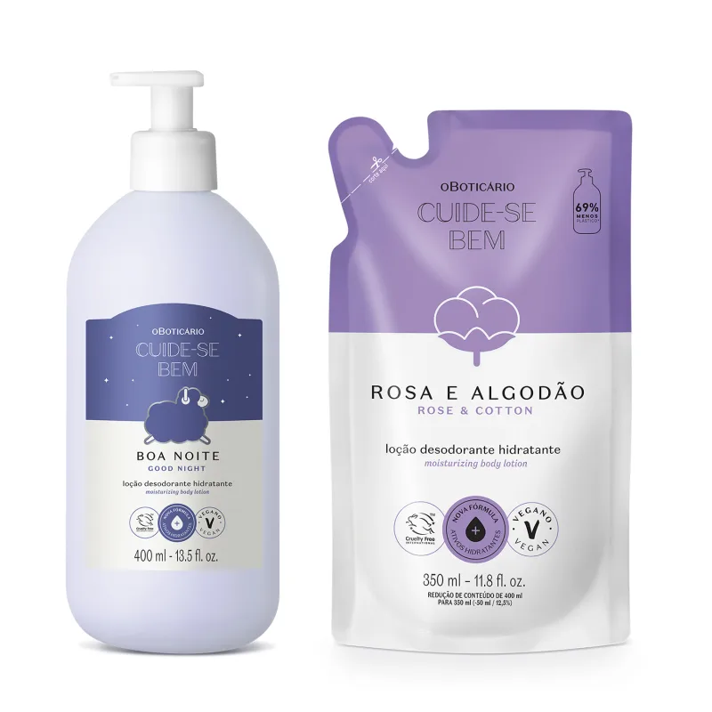 Imagem de duas embalagens de loção hidratante corporal Cuide-se Bem: frasco branco com rótulo azul e branco e ovelha ilustrada da marca Boa Noite e um refil em sachê roxo e branco da linha Rosa e Algodão.