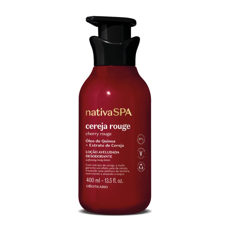 Imagem de um frasco vermelho com tampa preta e letras douradas e brancas contendo 400ml de loção hidratante corporal da marca Nativa SPA Cereja Rouge. 