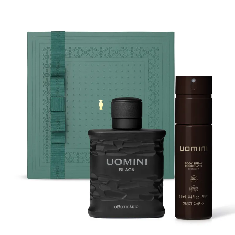 Imagem de caixa verde com detalhe dourado, frasco preto fosco com nome "Uomini Black" e embalagem de body spray da mesma linha em recipiente marrom.