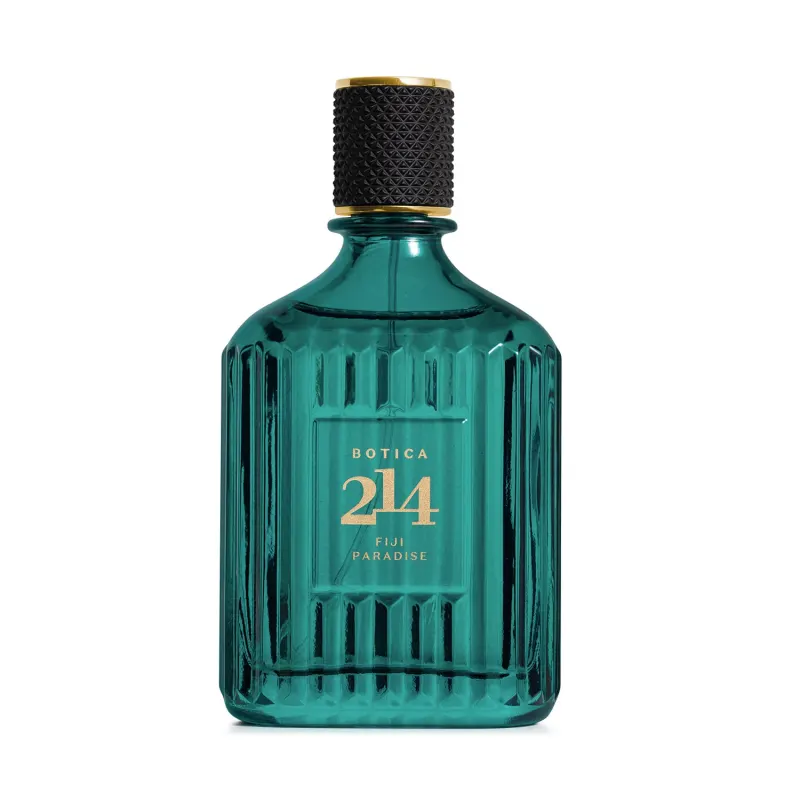 Imagem de um vidro de Eau de Parfum da marca Botica 214 Fiji Paradise, com formato retangular, cor verde-esmeralda, rótulo dourado.