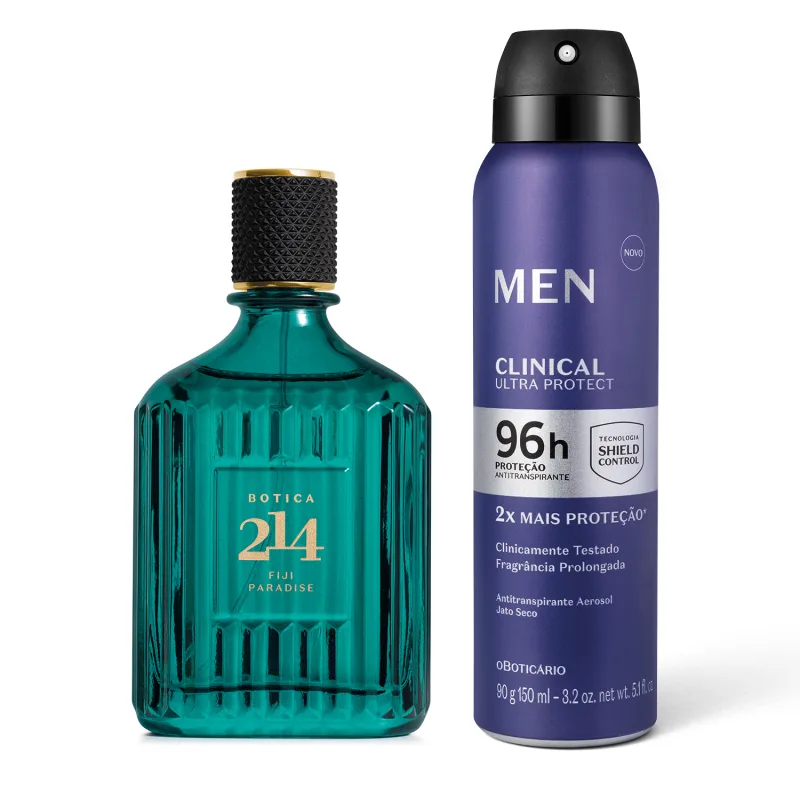 Imagem de dois frascos de produtos de perfumaria: um frasco de vidro verde com rótulo dourado da marca Botica 214 Fiji Paradise, e um desodorante antitranspirante aerossol azul da marca Men Clinical Ultra Protect com texto informativo.