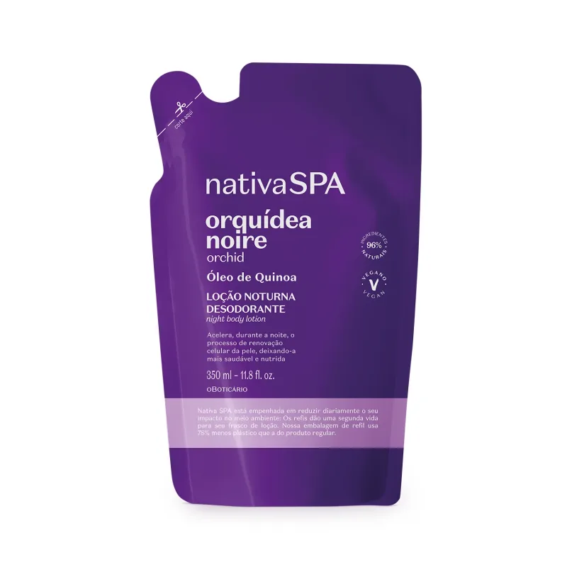 Imagem de um refil em sachê roxo com detalhe lilás e letras douradas e brancas contendo 350ml de loção hidratante desodorante corporal Nativa SPA Orquídea Noire.