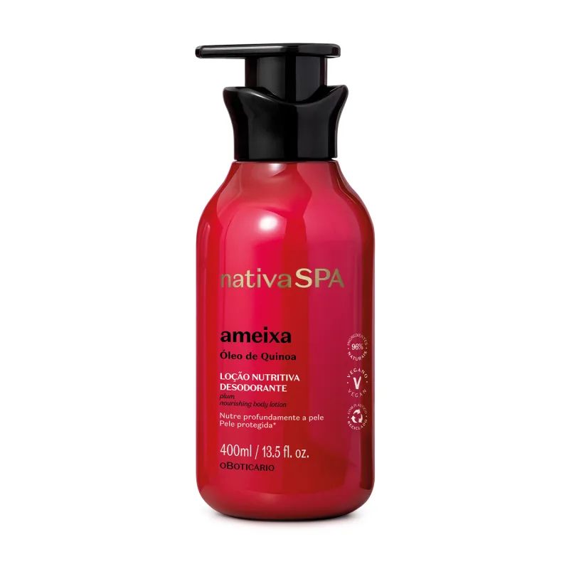 Imagem de um frasco vermelho com tampa preta e letras douradas, pretas e brancas contendo 400ml de loção hidratante corporal Nativa SPA Ameixa.