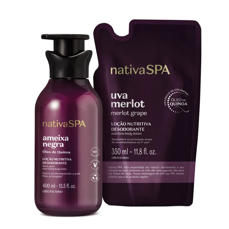 Imagem de duas embalagens contendo loção hidratante corporal Nativa SPA, sendo um frasco roxo com bomba dosadora preta da linha Ameixa Negra e um sachê roxo da linha Uva Merlot.