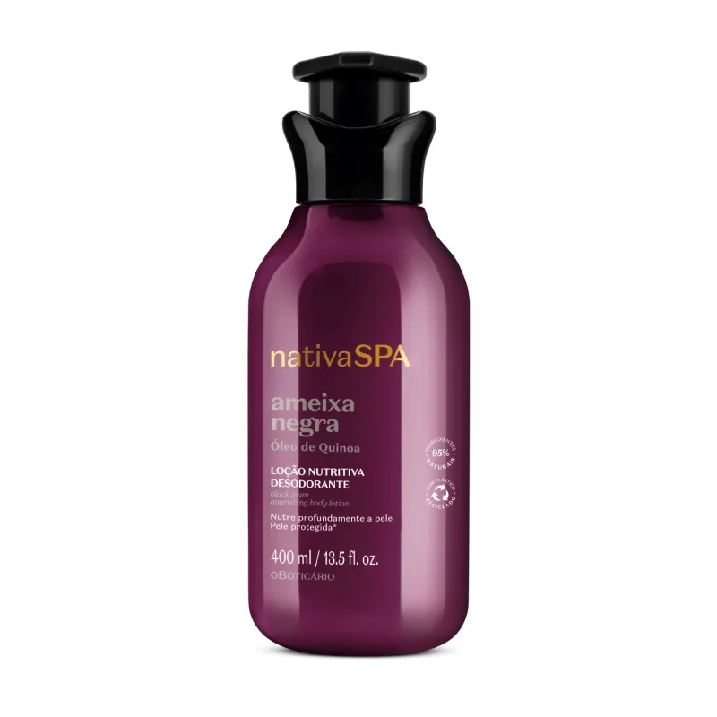 Imagem de um frasco roxo com tampa dosadora preta e letras douradas e brancas contendo 400ml de loção hidratante corporal da marca Nativa SPA Ameixa Negra.