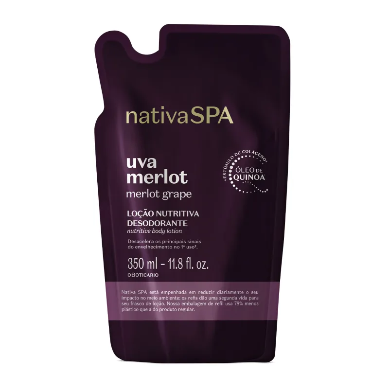 Imagem de um refil da loção hidratante corporal da marca Nativa SPA Uva Merlot em sachê roxo com detalhe lilás e letras douradas e brancas.