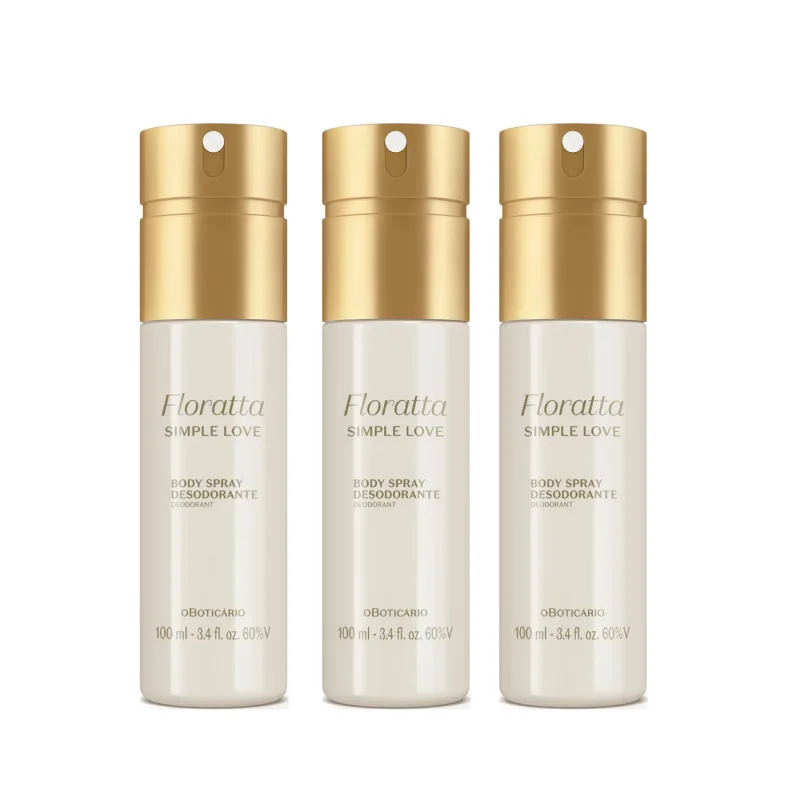 Três frascos cilíndricos de spray corporal desodorante da marca Floratta Simple Love, com tampa borrifadora dourada e embalagem branca contendo texto legível com o nome da marca e informações sobre o produto.