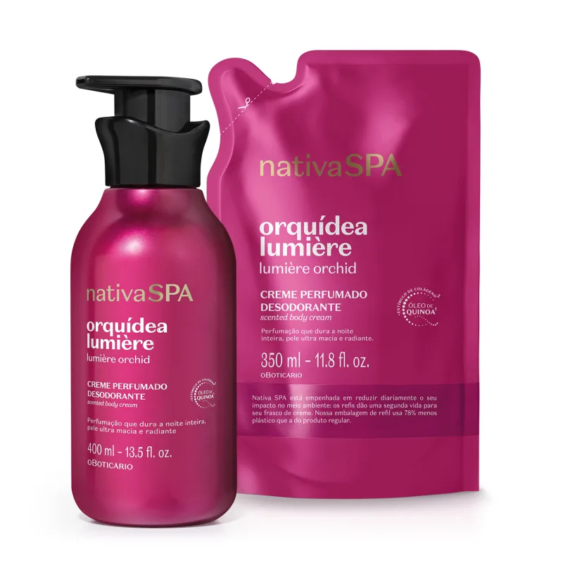 Creme perfumado desodorante Nativa SPA Orquídea Lumière em embalagem rosa com frasco de 400 ml e refil de 350 ml, destacando a fragrância de orquídea e o uso de óleo de quinoa na fórmula.