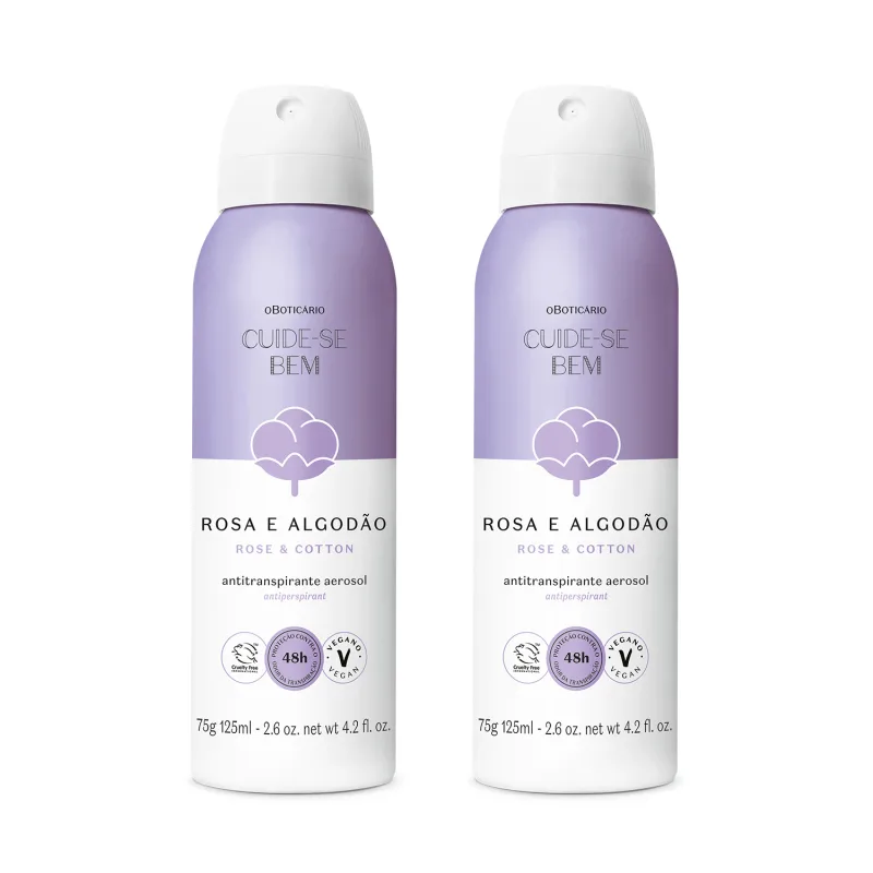 Dois frascos aerossol da marca Cuide-se Bem Rosa e Algodão, com rótulo bicolor branco e lilás com ilustração de floco de algodão e informações sobre ser um produto antitranspirante.