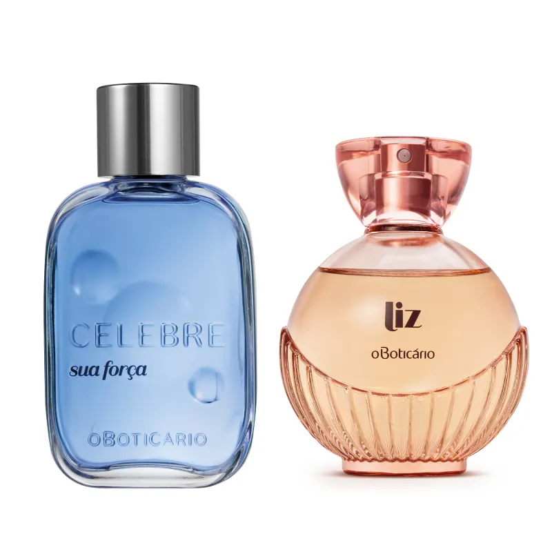 Imagem de dois itens de perfumaria O Boticário, sendo um vidro transparente com líquido azul e tampa prateada da marca Celebre Sua Força e um vidro arredondado transparente com líquido rosa e borrifador dourado da marca Liz.