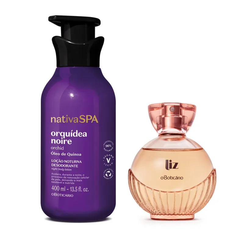 Imagem de frasco de loção corporal noturna da marca Nativa SPA Orquídea Noire, na cor roxa,  tampa preta e com rótulo em branco e dourado escrito "Orquídea Noire". Ao lado, desodorante colônia Liz, em vidro arredondado, borrifador dourado e letra preta.