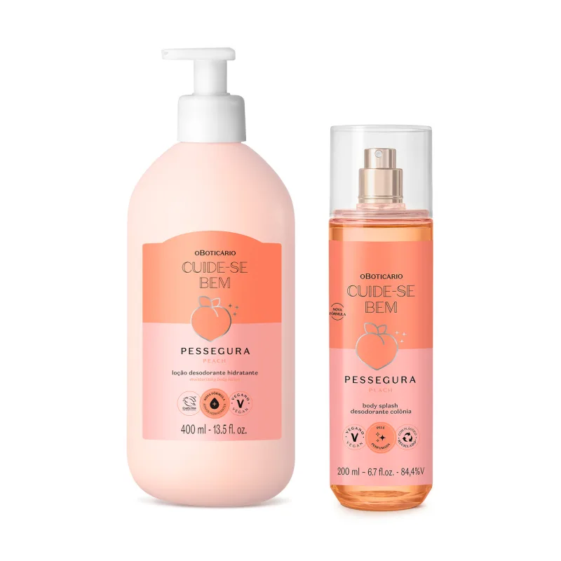 Imagem de dois produtos da marca Cuide-se Bem Pessegura: um frasco branco com bomba doseadora contendo loção desodorante hidratante de pêssego, e um frasco transparente com líquido laranja contendo splash corporal desodorante colônia de pêssego.