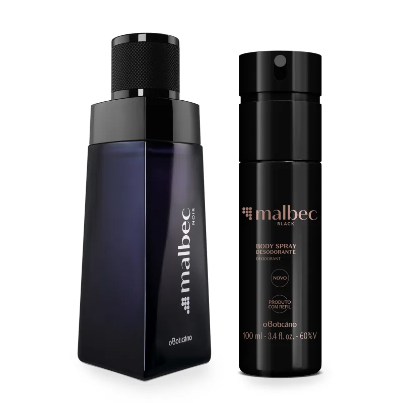 Imagem do moderno vidro preto com letra prata do desodorante colônia Malbec Noir e um frasco preto com letras douradas de body splash Malbec Black