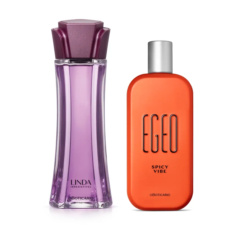 Imagem de dois itens de perfumaria O Boticário, sendo um vidro roxo com tampa em formato de flor da marca Linda Irresistível e outro vidro laranja com cantos arredondados e tampa prateada da marca Egeo Spicy Vibe.