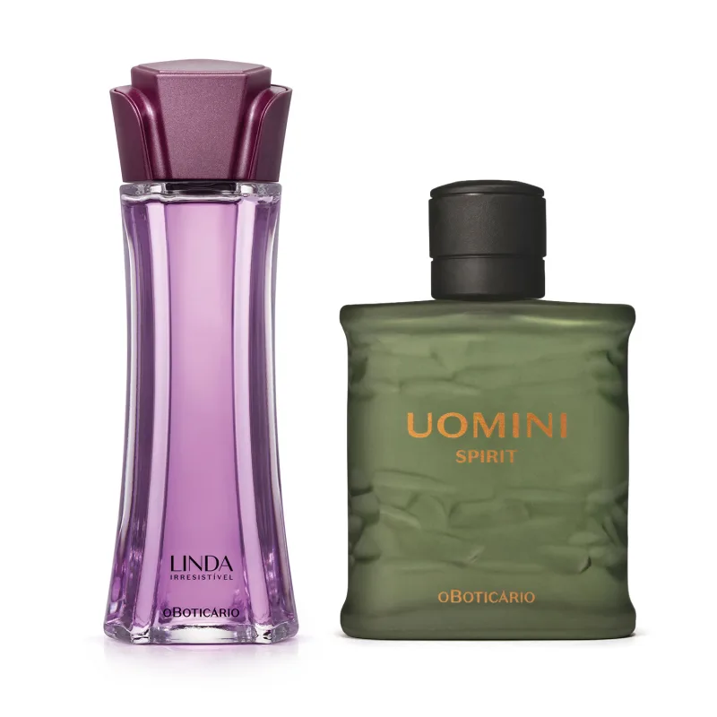 Imagem de dois frascos de itens de perfumaria feminina e masculina O Boticário: um frasco de vidro roxo com tampa em formato de flor, rótulo com a marca "Linda Irresistível" e outro frasco verde-oliva com tampa preta da marca "Uomini Spirit".