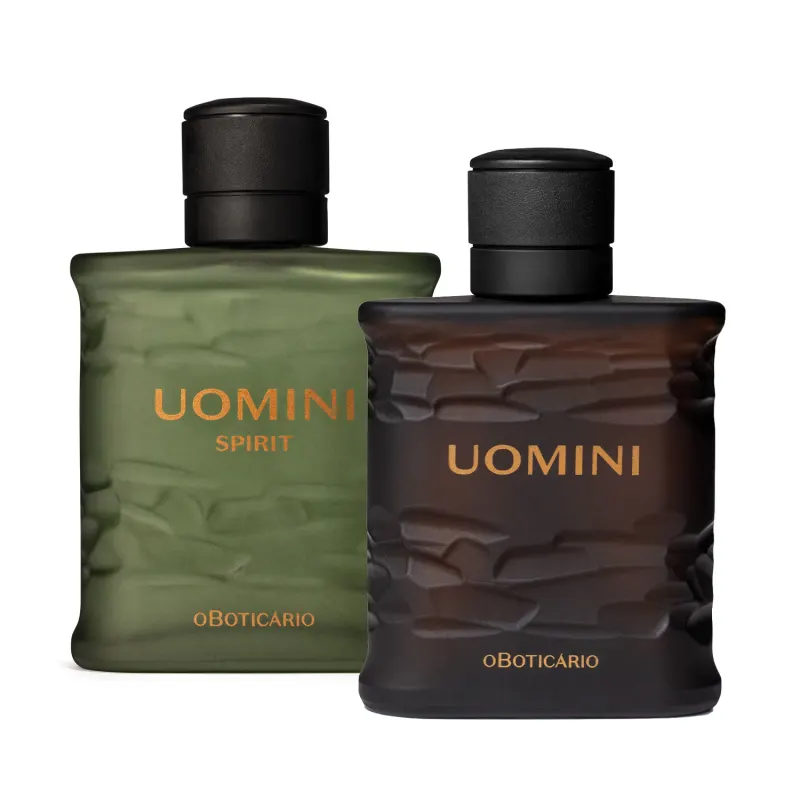 Imagem de dois frascos de item de perfumaria da marca Uomini, um na cor verde-oliva com rótulo laranja indicando a linha Spirit e outro na cor marrom, com rótulos em dourado destacando o nome da marca.
