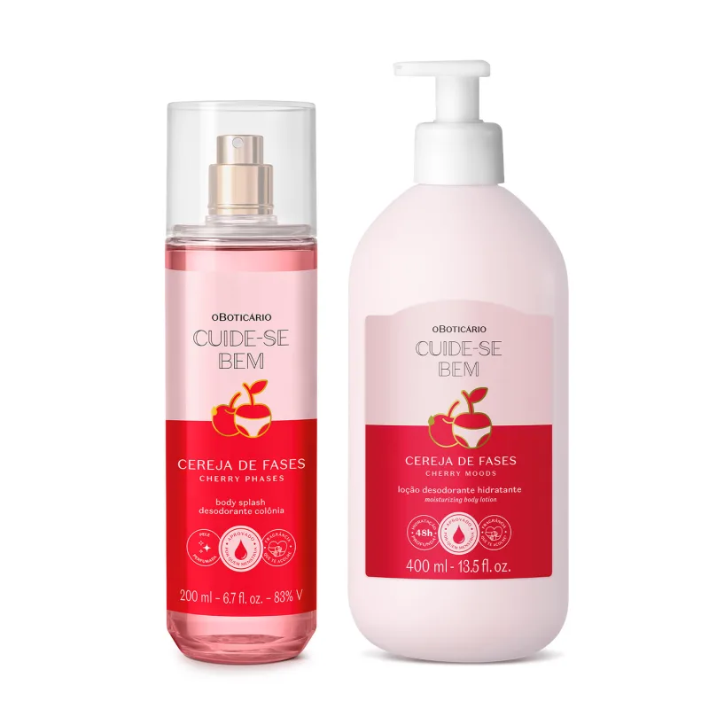 Imagem de dois produtos que fazem parte do Combo Cuide-se Bem Cereja De Fases, sendo um body splash e uma loção corporal de 400ml. As embalagens são muito delicadas, trazendo dois tons de rosa diferentes e uma linda cerejinha estampando o rótulo.