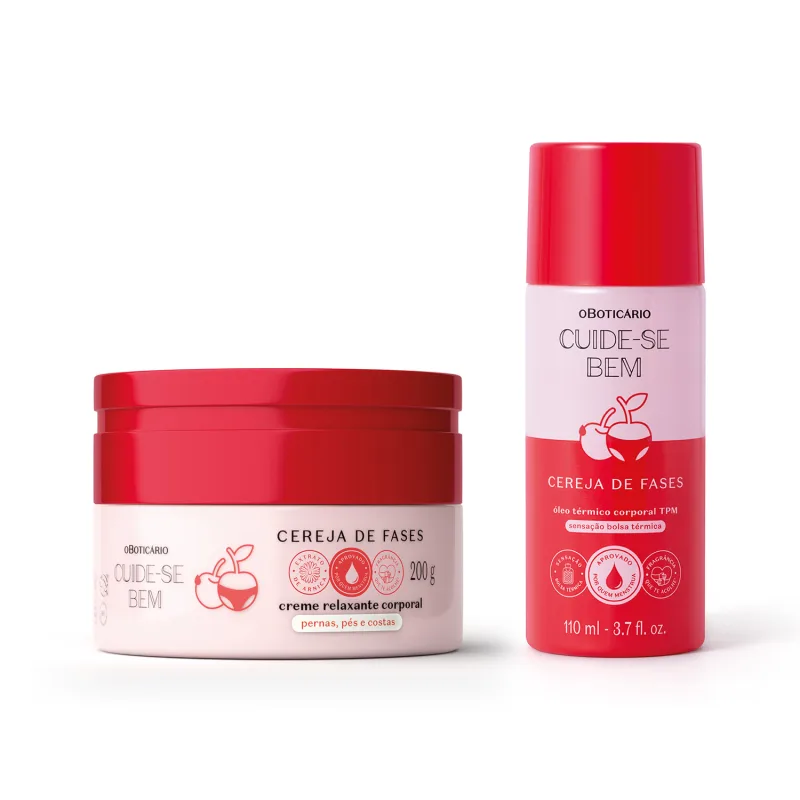 Imagem de dois produtos que fazem parte do Combo Cuide-se Bem Cereja De Fases, sendo um creme relaxante corporal e um óleo térmico corporal. As embalagens são lindas, em dois tons diferentes de rosa e uma linda cereja ilustrando o rótulo.
