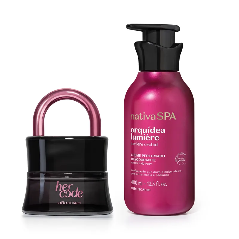 Imagem da moderna embalagem da fragrância Her Code Touch, em preto com detalhe e letras na cor roxo metalizado e Creme Perfumado Nativa Spa Orquídea Lumiére, com sua embalagem roxa, tampa preta e letras douradas e brancas.