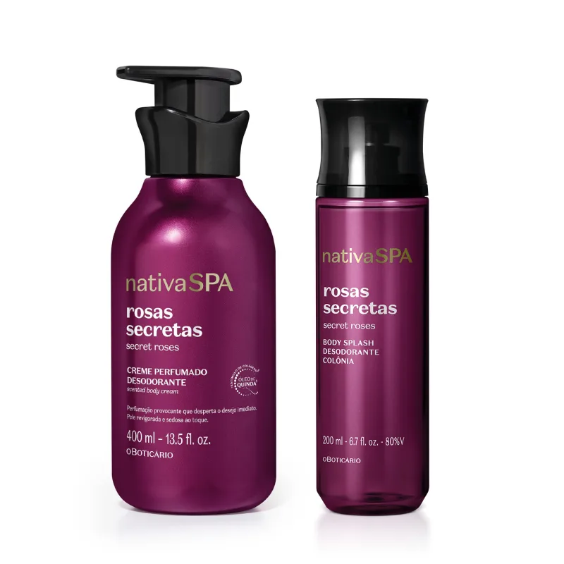 A imagem mostra dois produtos da marca Nativa SPA Rosas Secretas, sendo um frasco de 400ml de creme corporal e um frasco de 200ml de body splash. Elas são roxas, têm tampas pretas e as informações do rótulo estão impressas em letras brancas e douradas.