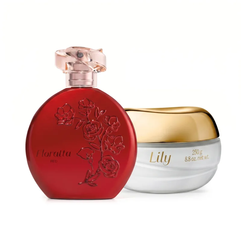 Dois frascos lado a lado sem: um desodorante colônia redondo vermelho com flores em relevo da marca Floratta Red e um pote de vidro branco com tampa dourada, de creme hidratante desodorante da marca Lily.
