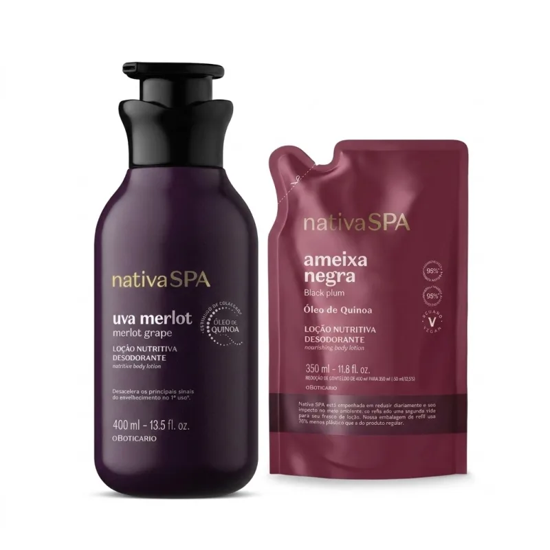 Dois itens de perfumaria da marca Nativa SPA: um frasco de loção corporal Uva Merlot de 400 ml em tom roxo escuro, e uma embalagem plástica de 350 ml da loção corporal Ameixa Negra, em tom vinho.