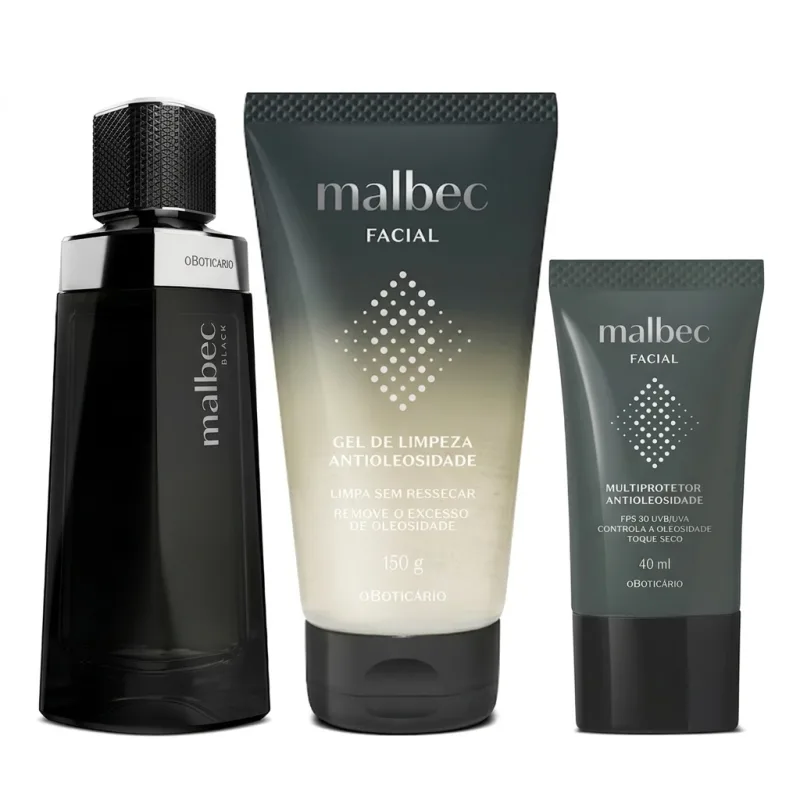 Combo Malbec: Malbec Black 100ml + Gel de Limpeza Facial 150g + Multiprotetor FPS30 40ml