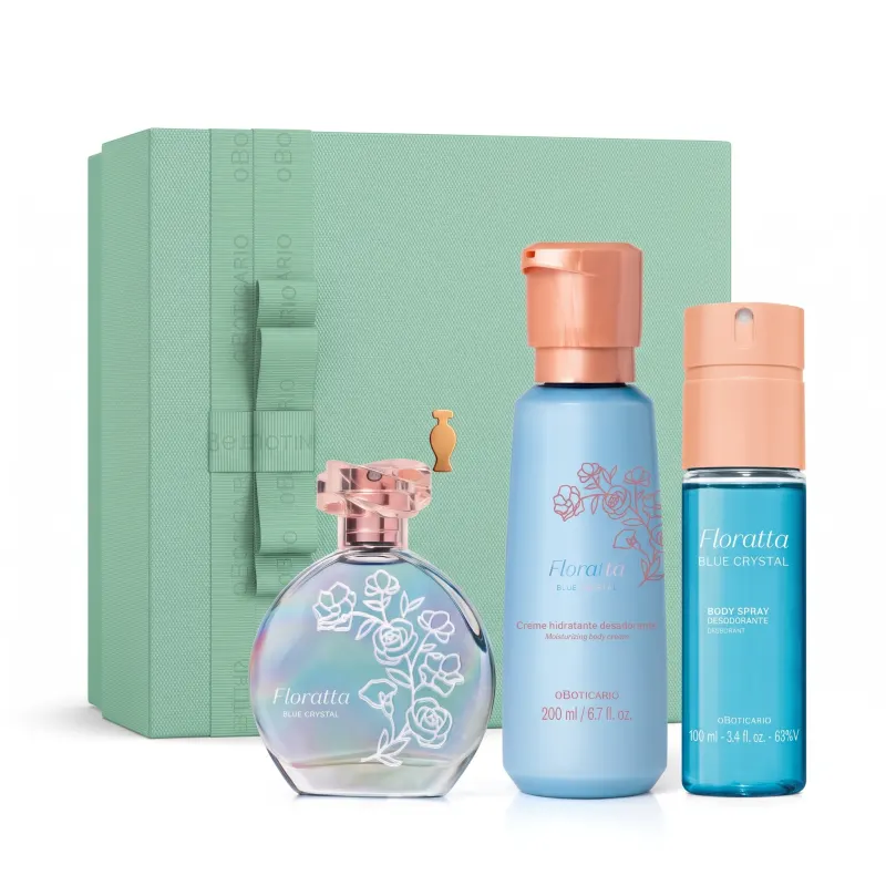 Combo Floratta Blue Crystal: Desodorante Colônia 75ml + Creme Hidratante 200ml + Body Spray 100ml + Caixa Presente