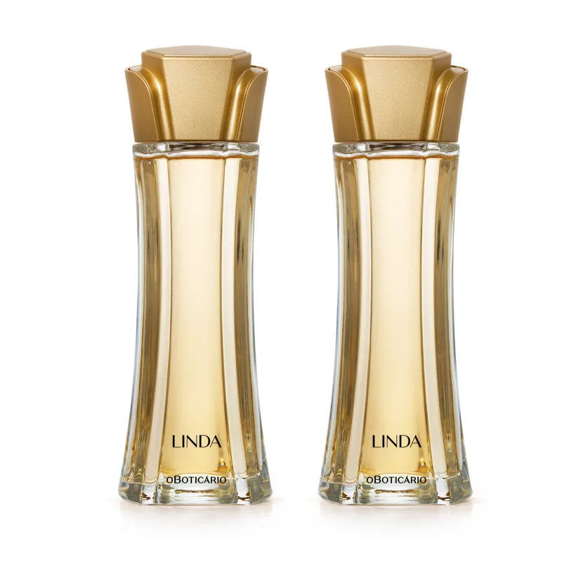 Imagem de dois frascos de desodorante colônia Linda, em embalagem de vidro transparente com líquido bege e tampa em formato de flor na cor dourada. O rótulo traz o nome da marca em letras pretas. Transmite beleza e elegância.