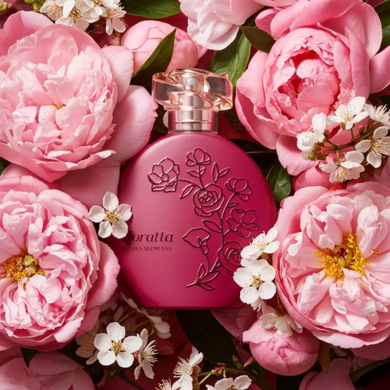 Imagem de um frasco de desodorante colônia Floratta Flores Vibrantes em embalagem rosa, cercado por flores de peônia rosa em um arranjo floral sobre fundo escuro.
