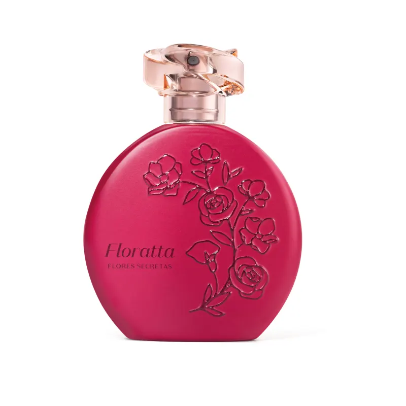 Imagem do clássico e elegante vidro da marca Floratta Flores Secretas na cor rosa vibrante, borrifador prateado e tampa transparente. A superfície traz o nome da fragrância e flores em relevo em tom de vermelho.