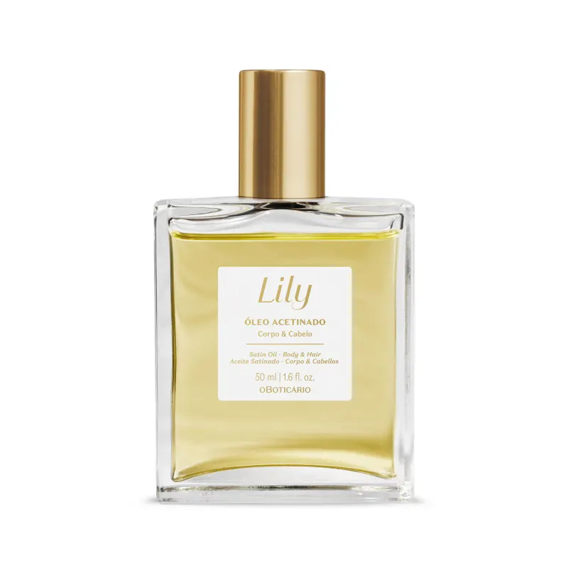 Vidro quadrado com líquido bege, tampa dourada, rótulo branco com letras bege contendo 50ml de óleo acetinado multifuncional corpo e cabelo da marca Lily.