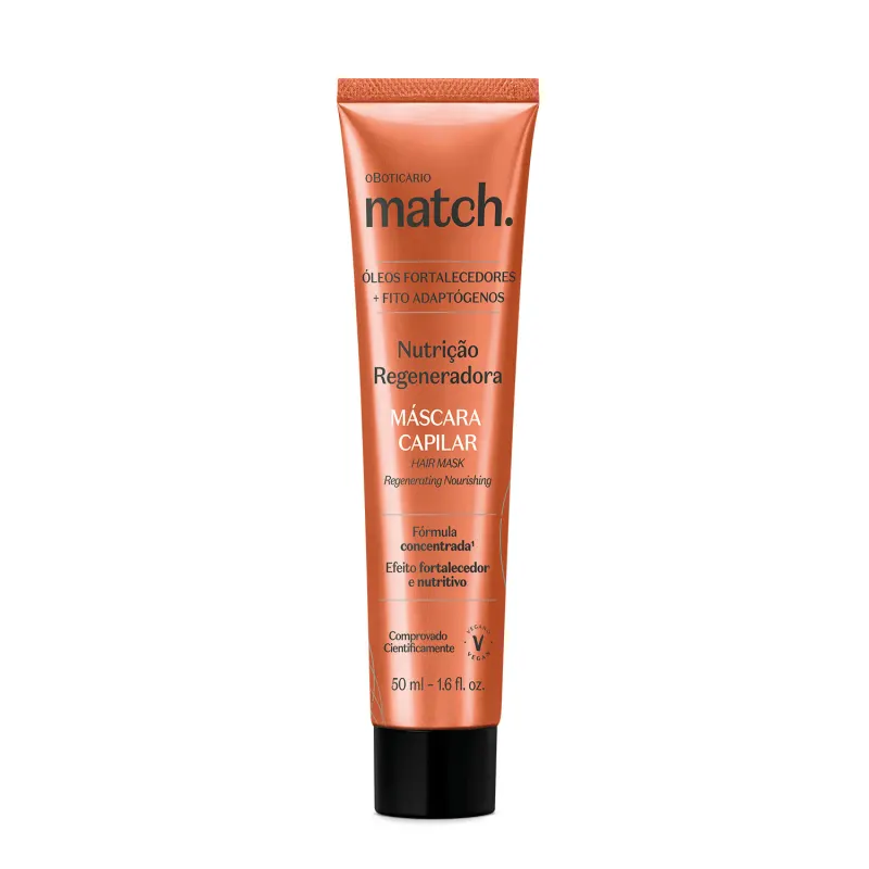 Bisnaga laranja metalizada com tampa preta e letras brancas e pretas contendo 50ml de máscara capilar da marca Match Nutrição Regeneradora.