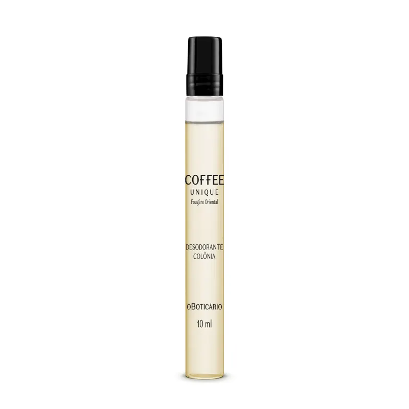 Frasco cilíndrico transparente com líquido amarelado tampa preta de Desodorante Colônia Coffee Man Unique em tamanho compacto de 10ml.