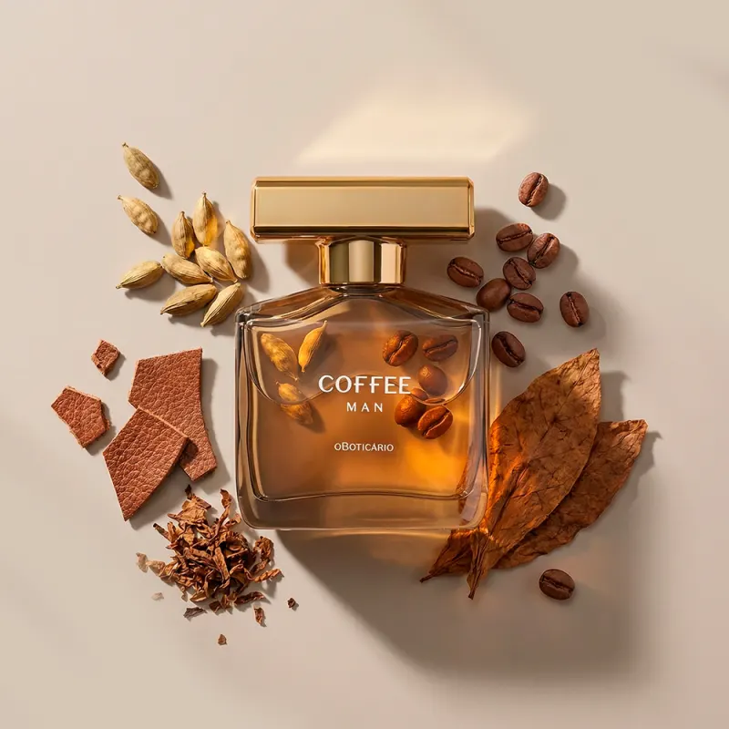 Imagem do vidro marrom do desodorante colônia da marca Coffee Man sobre superfície bege, rodeado por grãos de café, folhas secas, pedaços de madeira e outros elementos que sugerem um ambiente aconchegando e de muita sofisticação.