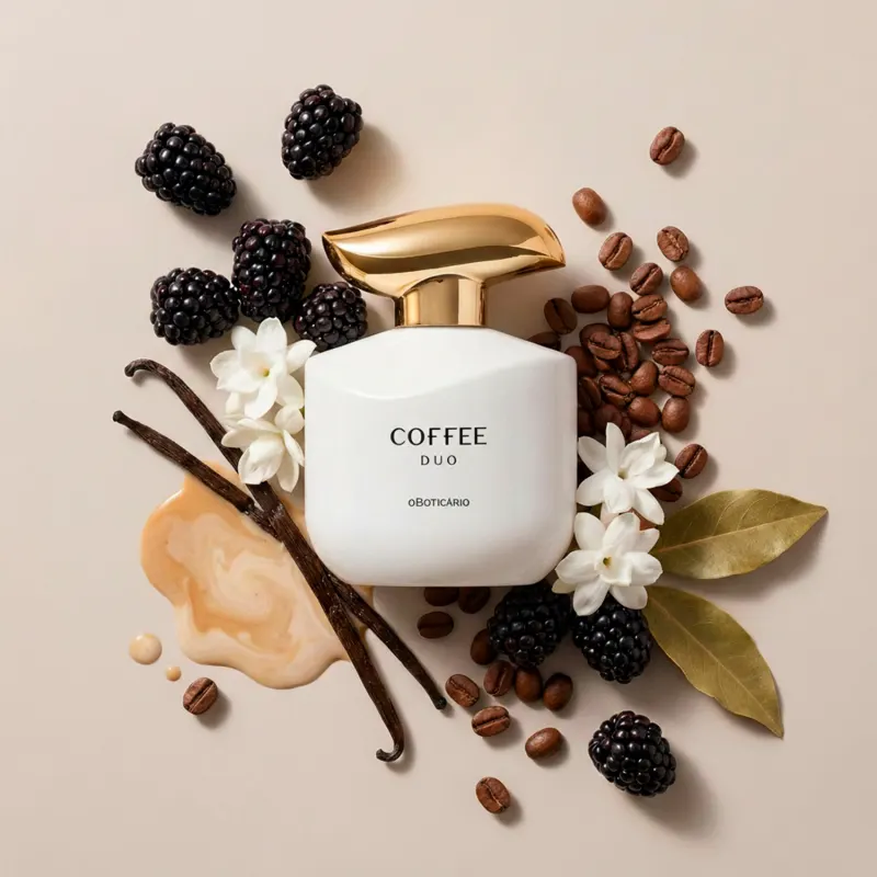 Imagem de um frasco do desodorante colônia Coffee Woman Duo em embalagem branca com tampa dourada em formato ondulado e rótulo em letras pretas. Ele está cercado por grãos de café, amoras e flores brancas com fundo bege.