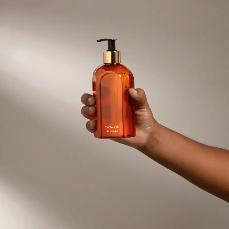 Mão segurando um vidro laranja de tampa dosadora preta com detalhe e letras douradas de sabonete líquido Casa 214 Vanilla Sublime em fundo cinza com sombras.