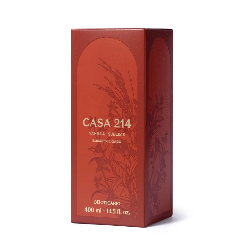 Caixa laranja escuro com letras douradas que traz um vidro de sabonete líquido Casa 214 Vanilla Sublime.