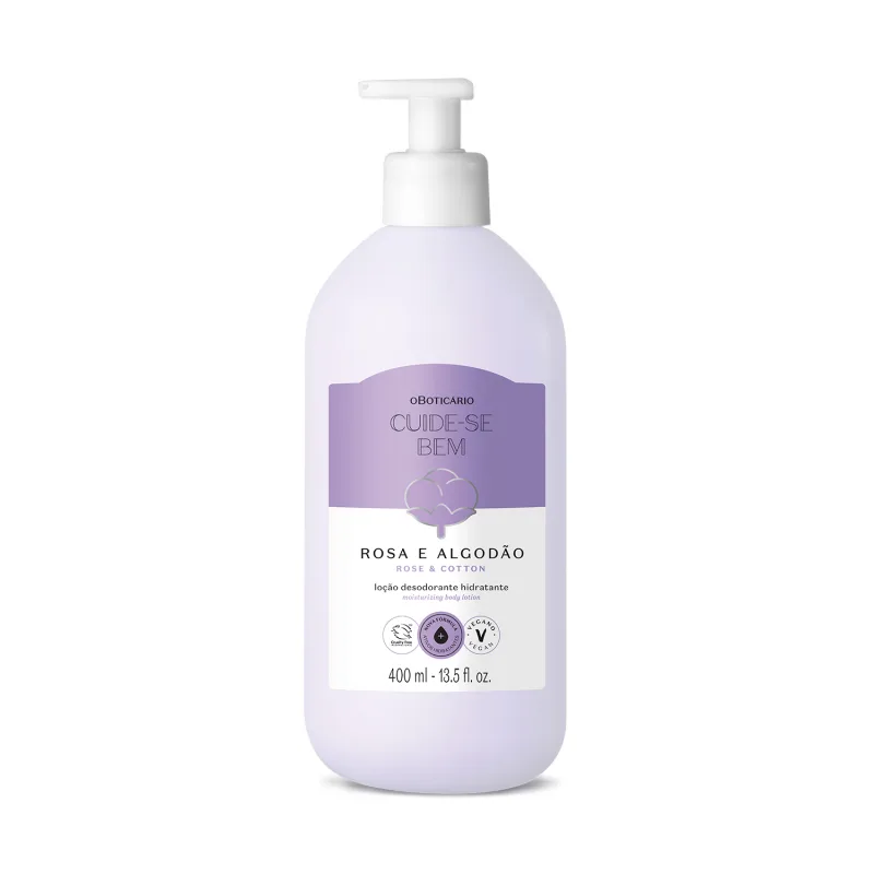 Frasco de 400ml na cor branca com rótulo lilás e branco com ilustração de uma flor de algodão contendo loção hidratante corporal Cuide-se Bem Rosa e Algodão.