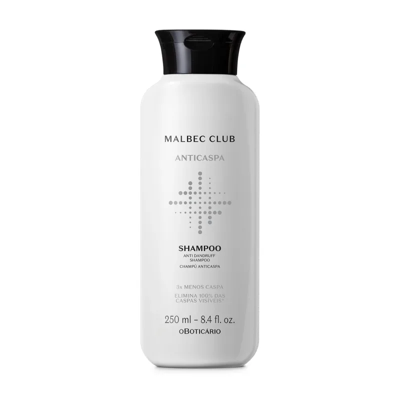 Frasco branco com tampa e letras pretas contendo 250ml de shampoo anticaspa da marca Malbec Club.