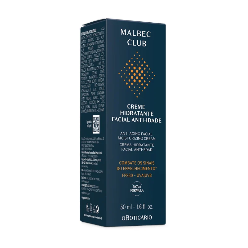 Caixa azul marinho com letras brancas e douradas contendo um frasco creme hidratante facial anti-idade da marca Malbec Club.