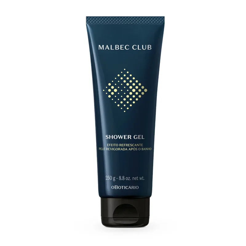 Bisnaga azul marinho com tampa preta, letras brancas e detalhe amarelo contendo 250g de shower gel cabelo e corpo da marca Malbec Club.
