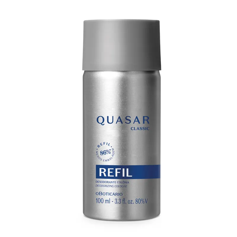 Refil de desodorante colônia Quasar Classic em frasco prateado com detalhes e letras azuis, contendo 100ml do produto.