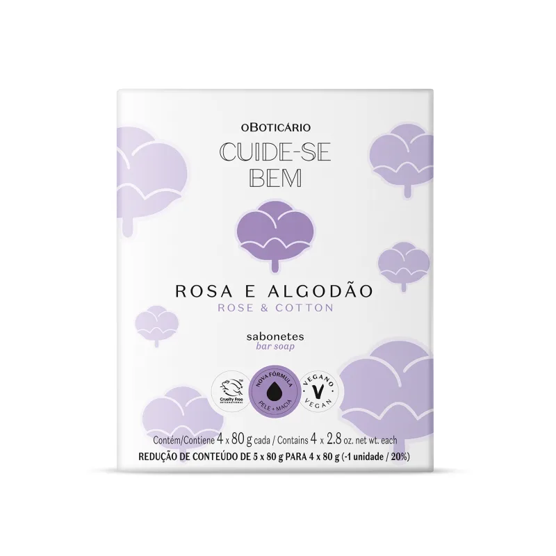 Caixa branca com ilustrações de flores de algodão na cor roa e lilás contendo quatro sabonetes em barra de 80g cada.