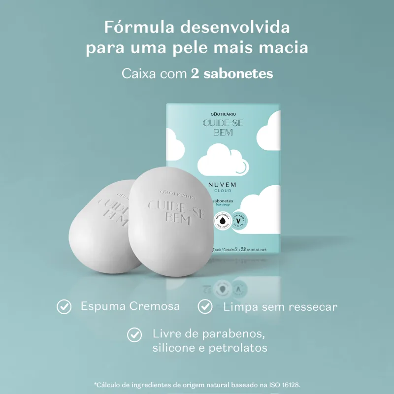 Caixa azul clara com ilustração de nuvens e letras pretas ao lado de dois sabonetes em barra azuis em formato ovalado da marca Cuide-se Bem Nuvem em um fundo azul com letras brancas informando as características do produto.