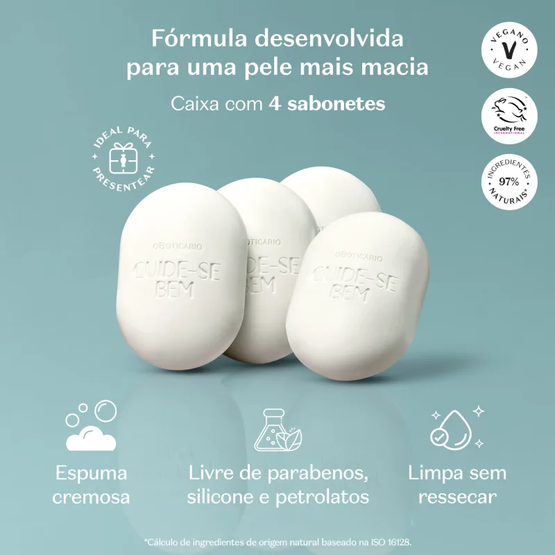 Quatro sabonetes em barra ovalados brancos da marca Cuide-se Bem Nuvem em fundo azul e letras brancas ao fundo informando as características e benefícios do produto.