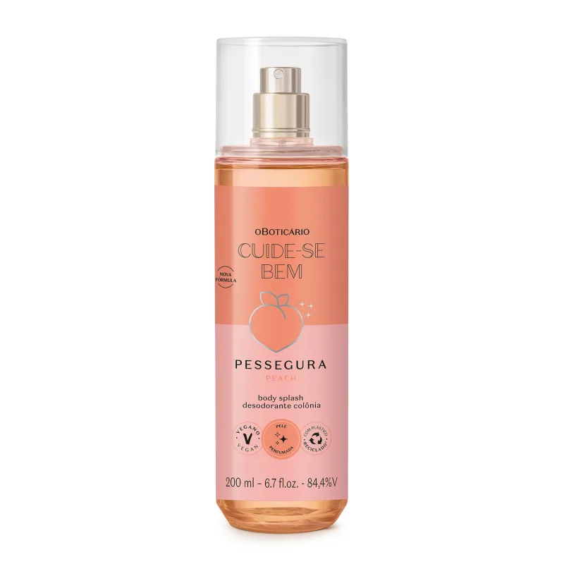 Frasco cilíndrico transparente com líquido rosa, pulverizador prateado, tampa transparente e rótulo em tons de rosa com pêssego ilustrando contendo 200ml de body splash Cuide-se Bem Pessegura.