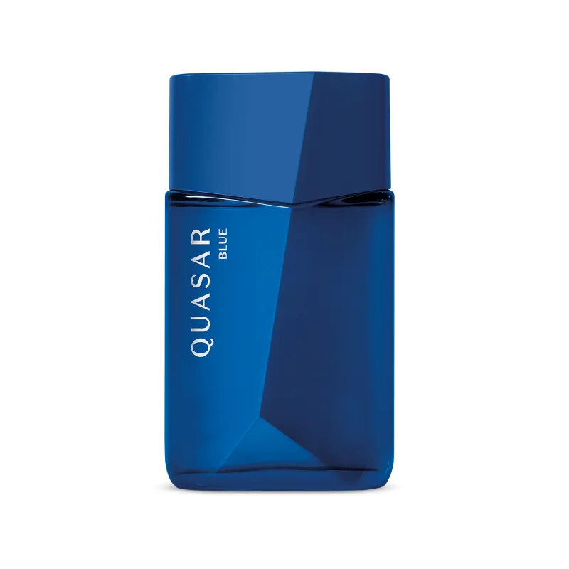 Frasco de vidro em formato geométrico com letras amarelas contendo 100ml de desodorante colônia Quasar Blue.