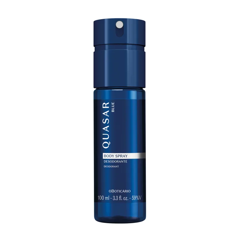 Frasco azul marinho com letras amarelas e detalhe branco contendo 100ml de body spray desodorante da marca Quasar Blue.